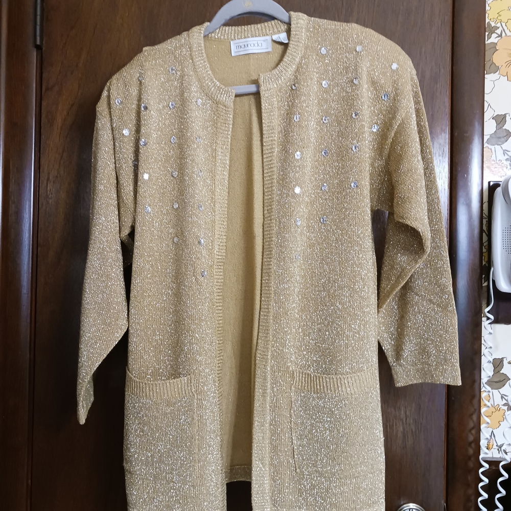 Maurada Metallic Gold Cardigan 3 Piece Pantset with Silver Accents
